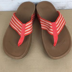 FitFlop Surfa Orange White Striped Canvas Sandals Flip Flops Flats Size 9